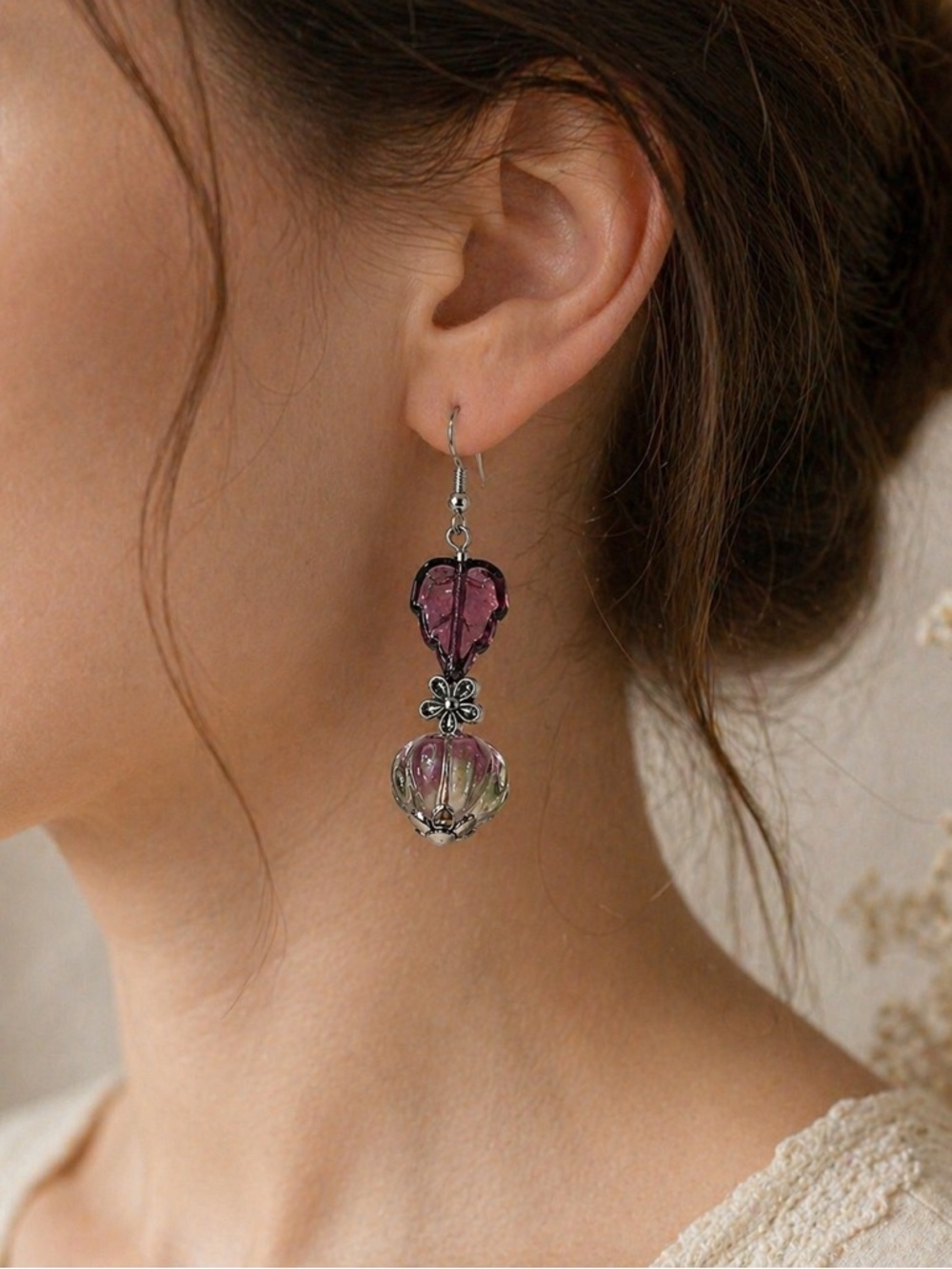 Boho Glass Leaf Earrings, Plum Leaf Mixed Glass Dangle, Artisan, Ships Free - Picture 3 of 11
